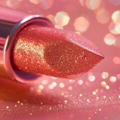 A close-up image of a sparkly pink lipstick.