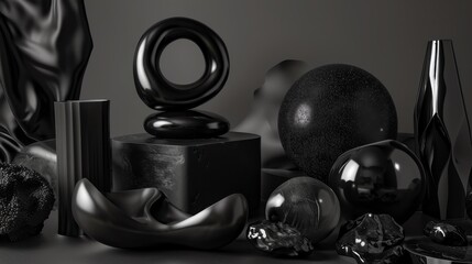Sets the carbon in a scene of other black objects of varying textures, from glossy to matte, creating a monochromatic exploration of form and elemental beauty