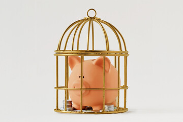Piggy bank trapped in a cage on white background - Concept of economy and savings