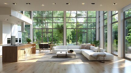 3d rendering of interior living space with wood floors and grey wood ai generative