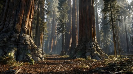 A majestic grove of ancient sequoias reaching towards the sky, their towering forms cloaked in moss...