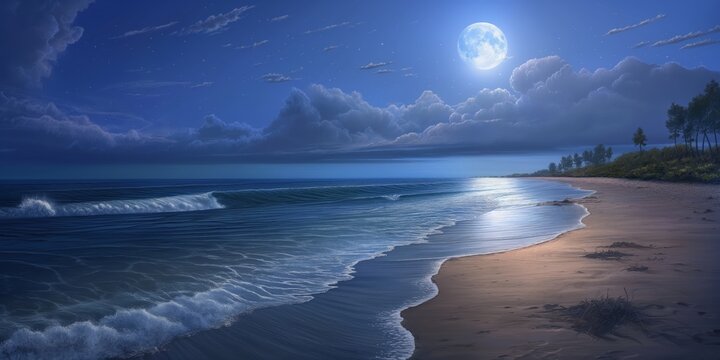 A serene moonlit beach scene with waves gently lapping the shore under a starry sky and a bright full moon