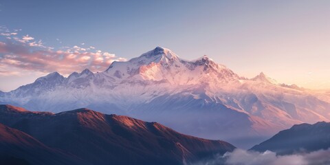 A serene dawn breaks over imposing mountains, illuminating peaks and casting soft light on the rugged landscape