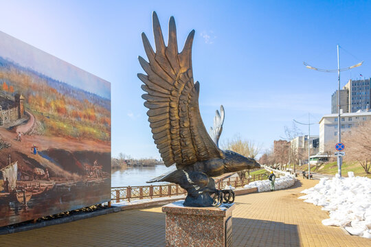 Kurgan, Russia - April 15, 2024: The eagle statue on the Tobol River embankment in Kurgan, Russia. 