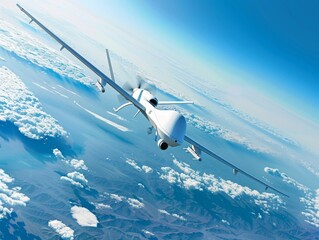 Fototapeta premium A grey and white military drone is flying in a clear blue sky above the clouds.