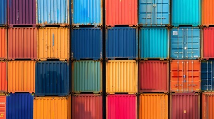 A large stack of colorful shipping containers at a shipping yard