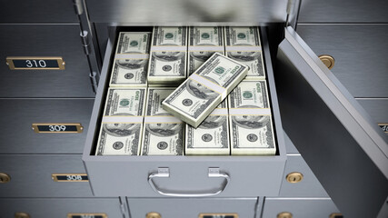 Open bank deposit box full of dollar bills. 3D illustration © Destina