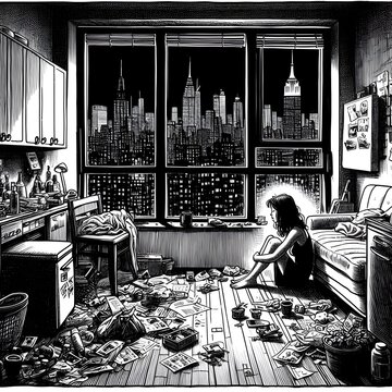 pen and ink, illustrated by hergé, a lonely woman inside her cramped and messy NYC apartment with big windows overlooking the city at night. Sadness, stunning color scheme, masterpiece