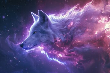 A majestic wolf made of stars howls at the moon.