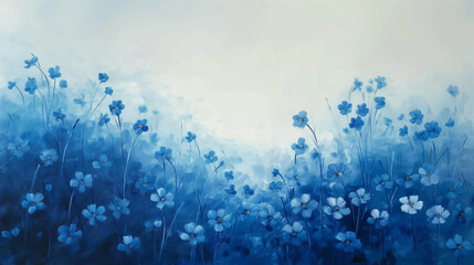 Fototapeta na wymiar Meadow of blue forget-me-nots painted with oil paints, wall decor idea for home