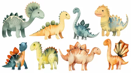 Fotobehang Set of watercolor illustrations of colorful cute dinosaurs © kazakova0684