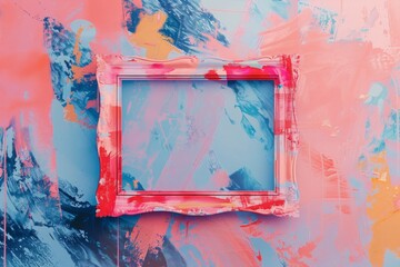 A pink frame painted on a colorful background.