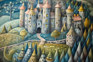 A chalk painting art of a fantasy castle nestled amidst rolling hills and towering trees