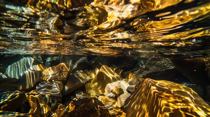 Photographs the gold element submerged in water, with light filtering through to reveal its radiant golds, evoking feelings of purity and otherworldly beauty