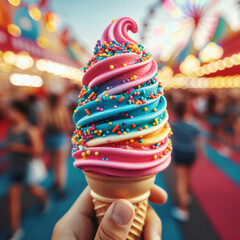 hand holding swirl rainbow ice cream in fun fair - obrazy, fototapety, plakaty