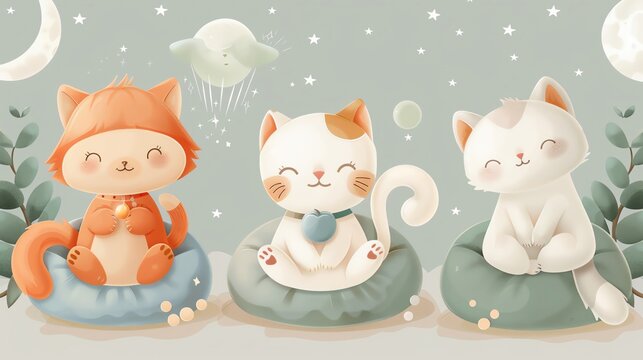 An illustrations featuring adorable cats engaged in magical activities, with a focus on whimsy and fantasy