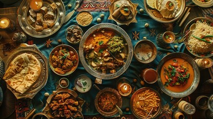 A mosaic of diverse cultural cuisines, from savory dishes to sweet delicacies, each representing the unique flavors and culinary traditions of different regions and peoples. - obrazy, fototapety, plakaty