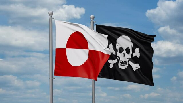 Greenland and Jolly Roger or pirate two flags waving together, looped video