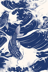 Obraz premium Seamless pattern black and white koi fish on a blue wave backgro
