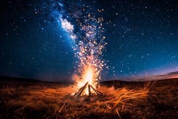 Expansive bonfire lighting up the night, with sparks against a starry backdrop, wallpaper background
