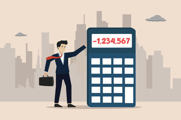 Losing money in economic crisis, bankruptcy concept, poor depressed businessman standing with calculator negative numbers.