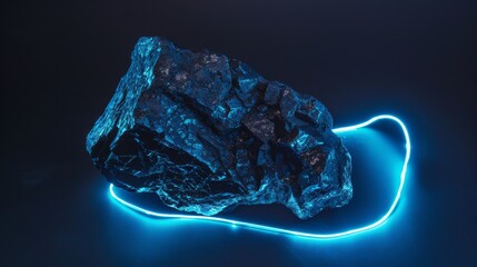 Photographs the carbon chunk with a streak of electric blue neon light tracing its edges, emphasizing its raw texture against the vibrant, futuristic glow