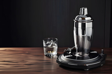 Cocktail shaker and DJ's turntable. Connecting the world of mixology and music