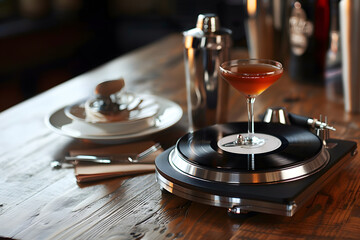 Cocktail shaker, martini glass, and DJ's  turntable. Connecting the world of mixology and music