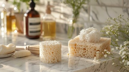 Detailed image of eco-friendly cleaning products, including a natural sponge and homemade soap, on a marble countertop