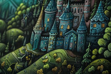 A whimsical chalk painting illustration of a fantasy castle nestled amidst rolling hills and towering trees