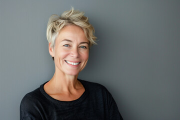 Fototapeta premium Portrait of a middle-aged woman with short blonde hair smiling at the camera on a gray background, studio shot