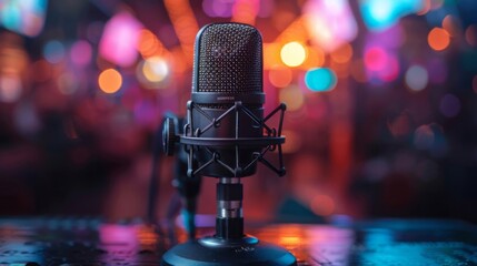 A black condenser microphone on a stand with a blurred colorful background of a stage with lights. - obrazy, fototapety, plakaty