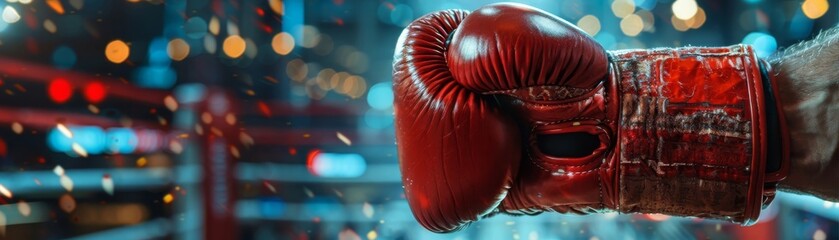 A close up of a red boxing glove with a bright background of a boxing ring with bright lights. - obrazy, fototapety, plakaty