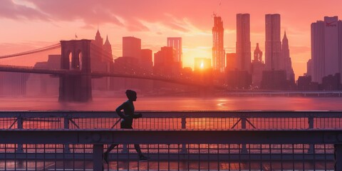 A solitary runner in silhouette jogs against a sunset backdrop with the New York City skyline
