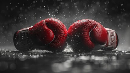 A pair of red boxing gloves in the rain. - obrazy, fototapety, plakaty