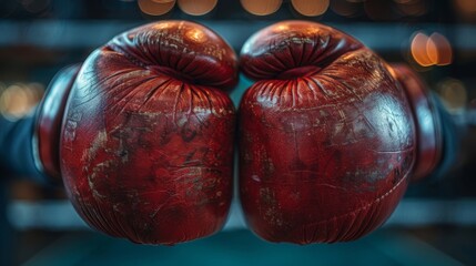 A pair of red boxing gloves with a black background - obrazy, fototapety, plakaty