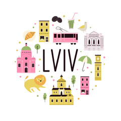 Colorful circle design with symbols, landmarks, famous places of Lviv, Ukraine. Can be used for posters, travel guides, wall arts