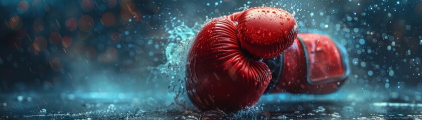 A red boxing glove with water droplets on it. - obrazy, fototapety, plakaty