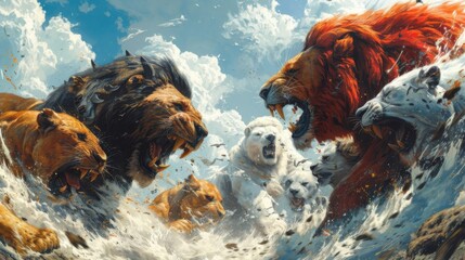 A pride of lions and a pack of polar bears fighting in a frozen tundra. - obrazy, fototapety, plakaty