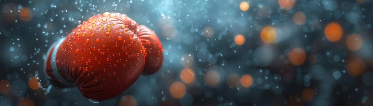 A red boxing glove with water droplets on it. The background is out of focus and has a blue tint.