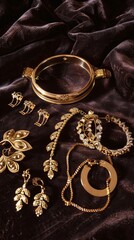 Photographs elegant gold jewelry laid out on rich, dark velvet, the gleaming golds catching the light, embodying sophistication and timeless beauty