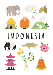 Colorful design with symbols, animals landmarks of Indonesia. Can be used for posters, travel guides, wall arts