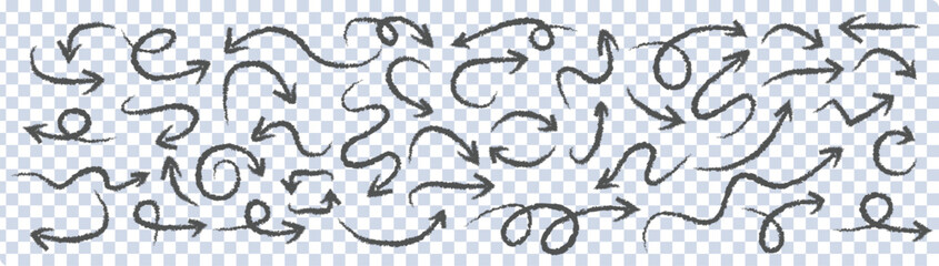 Charcoal hand-drawn pencil arrows, Texture design elements of scribble lines. Vector illustration