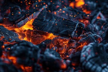 Glowing embers and floating ashes after fire, close up, wallpaper background