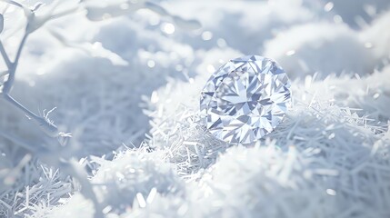 Fototapeta na wymiar Photographs a diamond placed delicately on a bed of soft, sparkling white snow, highlighting its pure, icy brilliance and timeless beauty