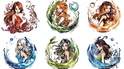 Zodiac girls. The Water element. Hand drawn colored vector