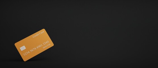 Yellow credit card floating on Black background. Mobile banking and Online payment service. Saving money wealth and business financial concept. Smartphone money transfer online. 3d render.