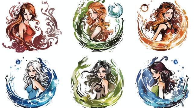 Zodiac girls. The Water element. Hand drawn colored vector