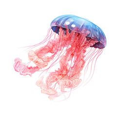 a blue jellyfish with pink and white tentacles