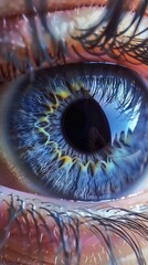 Photographs an eye with a pupil dilated, surrounded by an iris of piercing blue, accentuating the eyes ability to perceive and understand deeply - obrazy, fototapety, plakaty